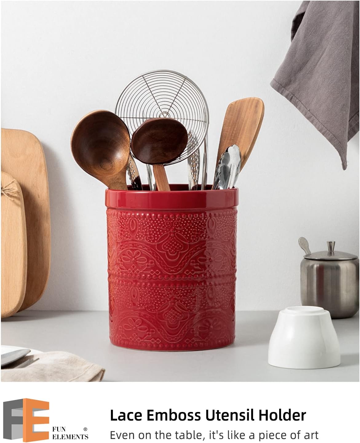 FUN ELEMENTS Kitchen Utensil Holder, 7.2" Super Large Utensil Crock Heavy and Stable Lace Emboss Ceramic Utensil Holder for Kitchen Counter (Bright White)