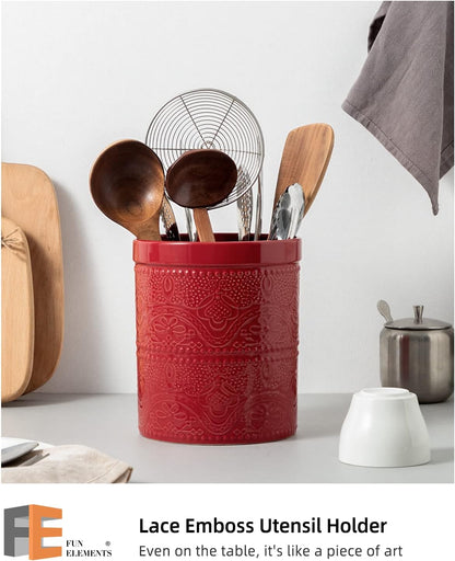FUN ELEMENTS Kitchen Utensil Holder, 7.2" Super Large Utensil Crock Heavy and Stable Lace Emboss Ceramic Utensil Holder for Kitchen Counter (Bright White)