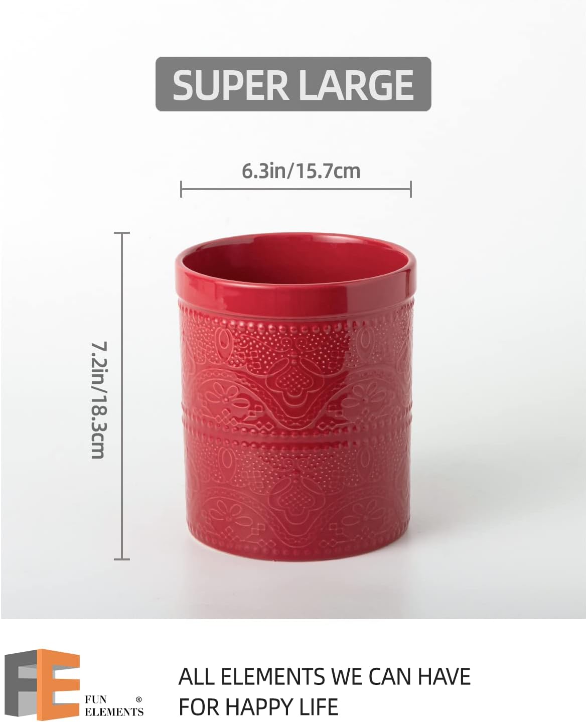 FUN ELEMENTS Kitchen Utensil Holder, 7.2" Super Large Utensil Crock Heavy and Stable Lace Emboss Ceramic Utensil Holder for Kitchen Counter (Bright White)