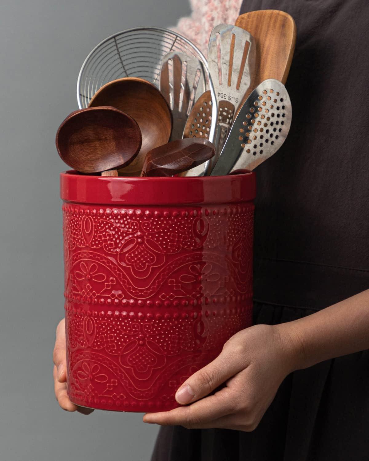 FUN ELEMENTS Kitchen Utensil Holder, 7.2" Super Large Utensil Crock Heavy and Stable Lace Emboss Ceramic Utensil Holder for Kitchen Counter (Bright White)