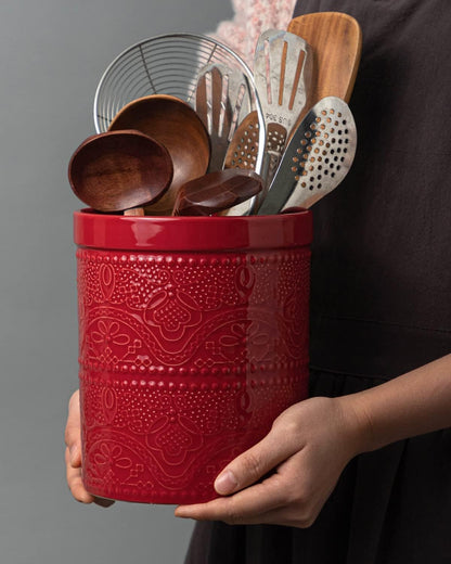 FUN ELEMENTS Kitchen Utensil Holder, 7.2" Super Large Utensil Crock Heavy and Stable Lace Emboss Ceramic Utensil Holder for Kitchen Counter (Bright White)
