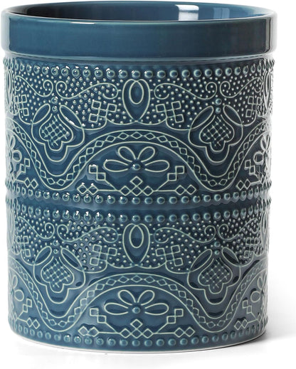 FUN ELEMENTS Kitchen Utensil Holder, 7.2" Super Large Utensil Crock Heavy and Stable Lace Emboss Ceramic Utensil Holder for Kitchen Counter (Bright White)