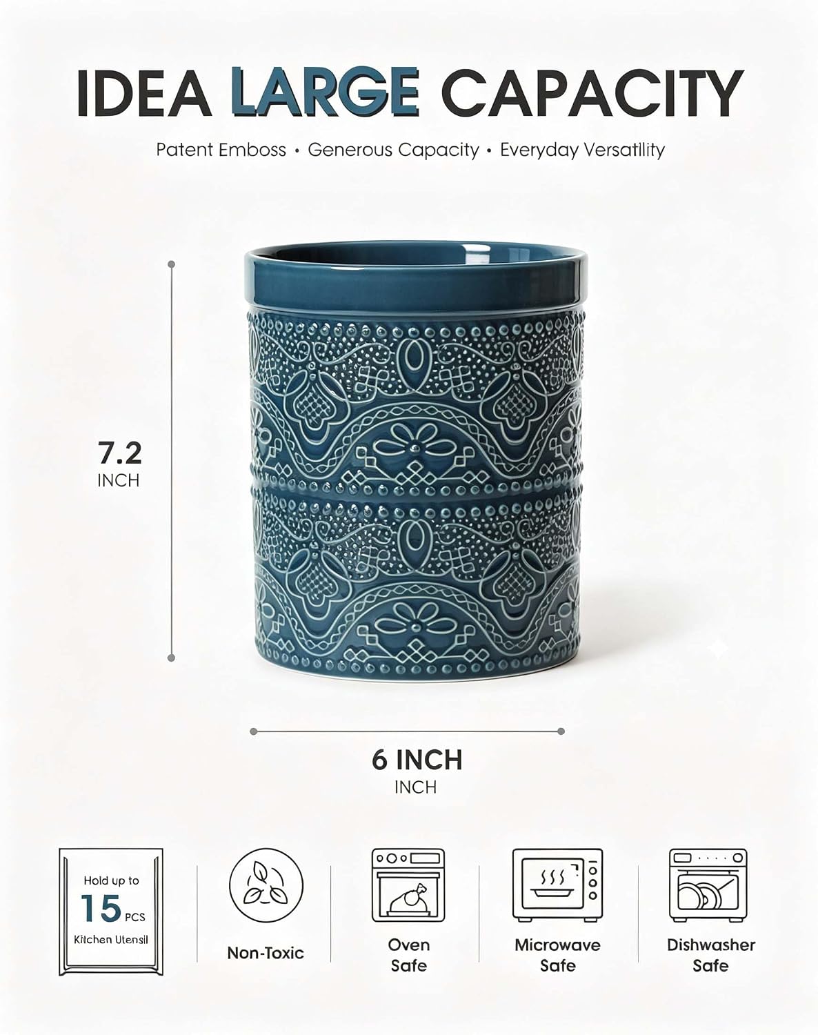 FUN ELEMENTS Kitchen Utensil Holder, 7.2" Super Large Utensil Crock Heavy and Stable Lace Emboss Ceramic Utensil Holder for Kitchen Counter (Bright White)