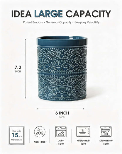 FUN ELEMENTS Kitchen Utensil Holder, 7.2" Super Large Utensil Crock Heavy and Stable Lace Emboss Ceramic Utensil Holder for Kitchen Counter (Bright White)