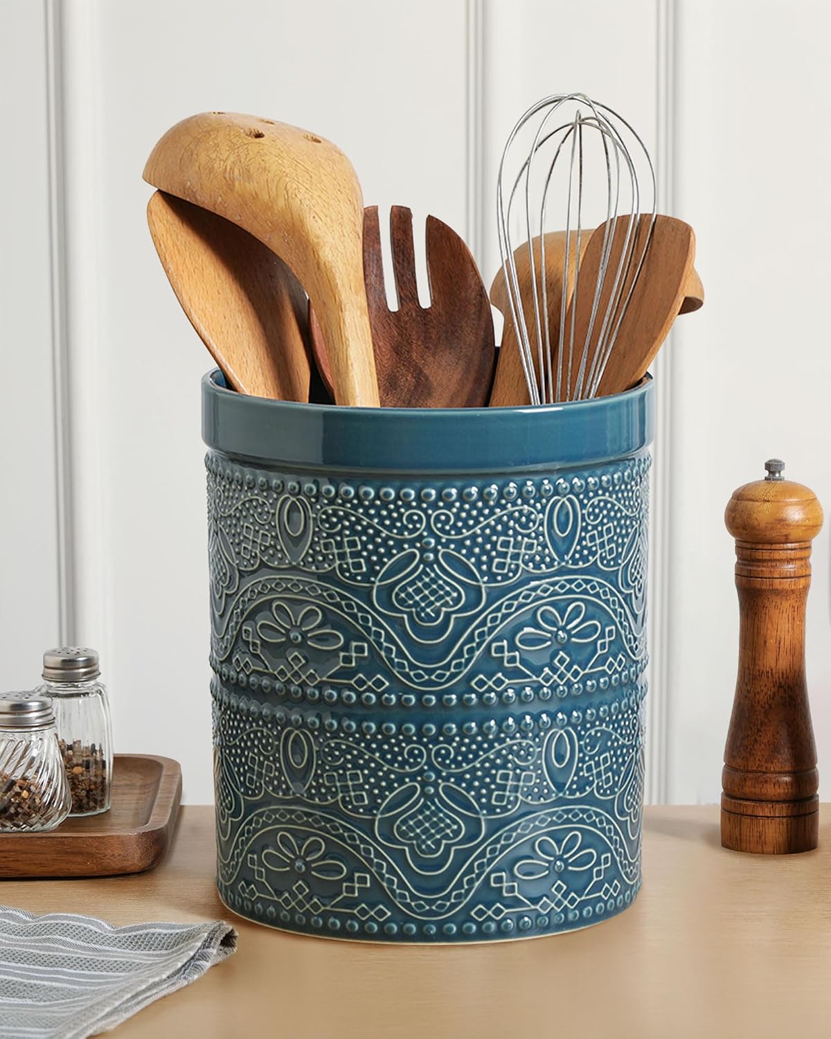 FUN ELEMENTS Kitchen Utensil Holder, 7.2" Super Large Utensil Crock Heavy and Stable Lace Emboss Ceramic Utensil Holder for Kitchen Counter (Bright White)