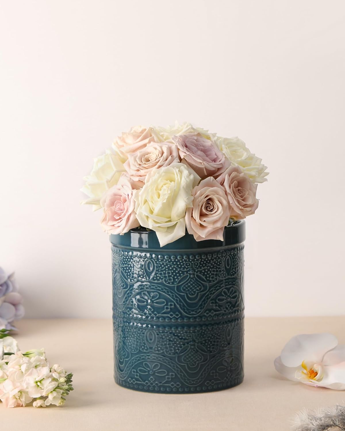 FUN ELEMENTS Kitchen Utensil Holder, 7.2" Super Large Utensil Crock Heavy and Stable Lace Emboss Ceramic Utensil Holder for Kitchen Counter (Bright White)