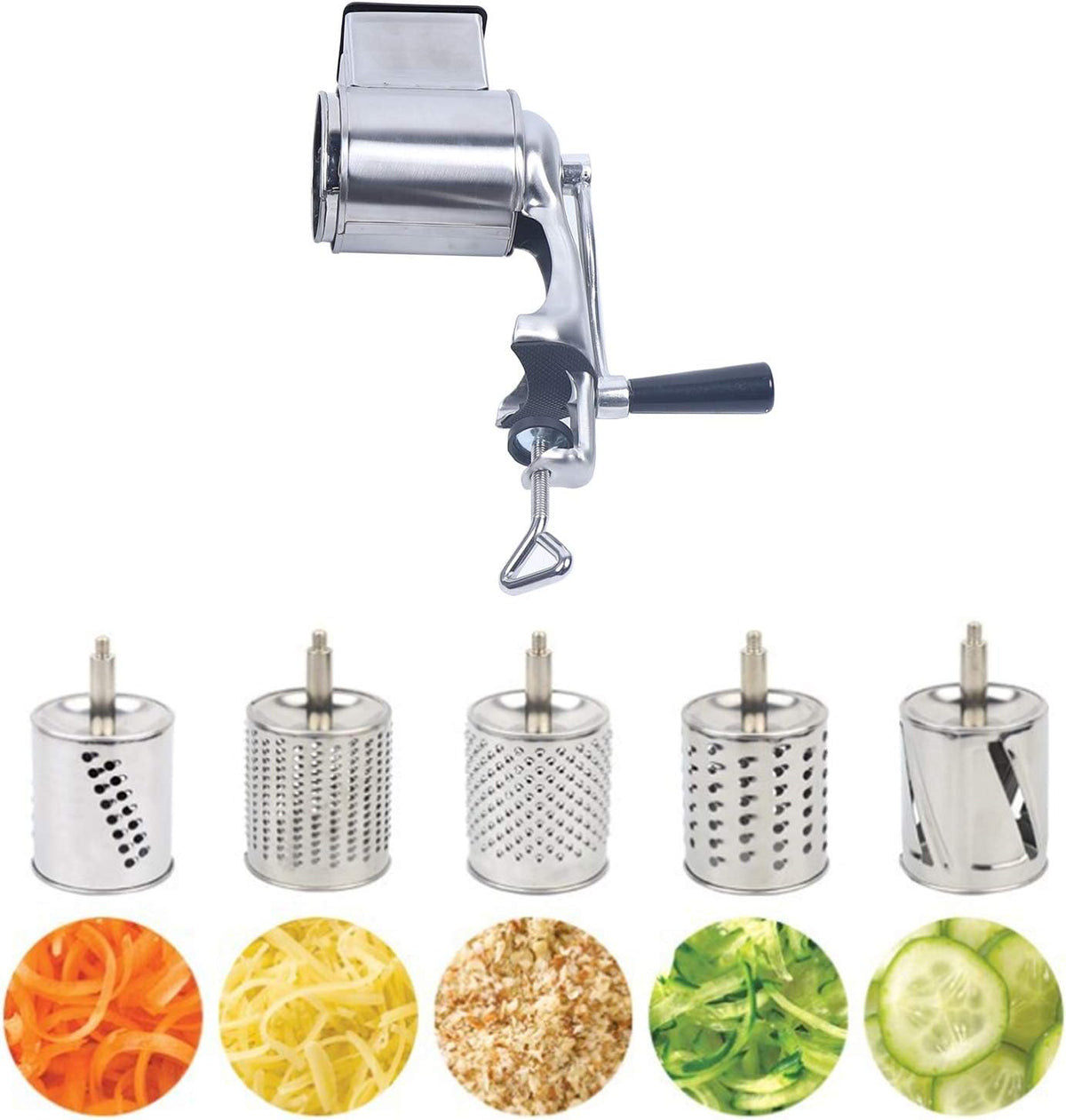 kitchen Grater, Rotary Cheese Grater with Interchangeable Round Stainless Steel Blades for Fruits, Vegetables and Nuts