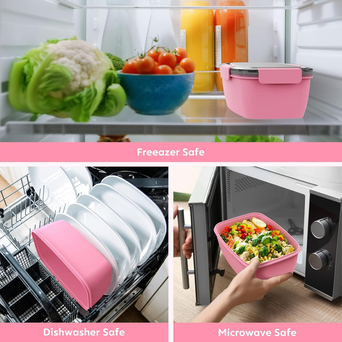 2Pack Salad Lunch Container, 68oz Salad Bowls with 4 Compartments Tray,Leak Proof Lunch Box with Fork for Men,Women BPA-Free Snack Container with Sauce Container for Dressings-Pink
