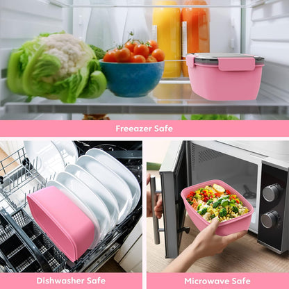 2Pack Salad Lunch Container, 68oz Salad Bowls with 4 Compartments Tray,Leak Proof Lunch Box with Fork for Men,Women BPA-Free Snack Container with Sauce Container for Dressings-Pink