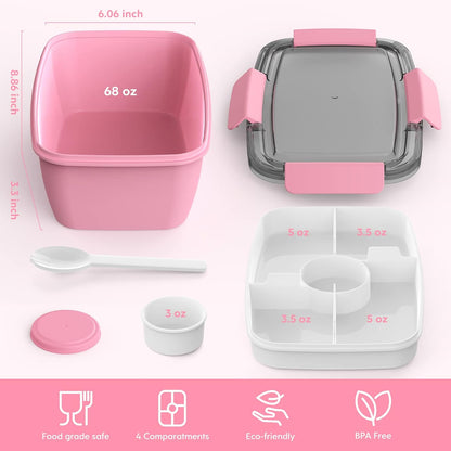 2Pack Salad Lunch Container, 68oz Salad Bowls with 4 Compartments Tray,Leak Proof Lunch Box with Fork for Men,Women BPA-Free Snack Container with Sauce Container for Dressings-Pink