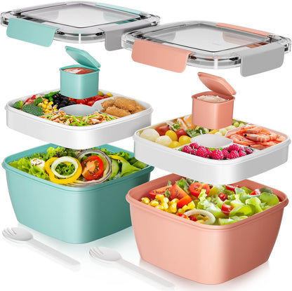 2Pack Salad Lunch Container, 68oz Salad Bowls with 4 Compartments Tray,Leak Proof Lunch Box with Fork for Men,Women BPA-Free Snack Container with Sauce Container for Dressings-Pink
