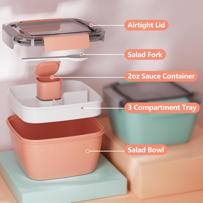 2Pack Salad Lunch Container, 68oz Salad Bowls with 4 Compartments Tray,Leak Proof Lunch Box with Fork for Men,Women BPA-Free Snack Container with Sauce Container for Dressings-Pink