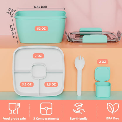 2Pack Salad Lunch Container, 68oz Salad Bowls with 4 Compartments Tray,Leak Proof Lunch Box with Fork for Men,Women BPA-Free Snack Container with Sauce Container for Dressings-Pink
