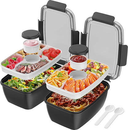 2Pack Salad Lunch Container, 68oz Salad Bowls with 4 Compartments Tray,Leak Proof Lunch Box with Fork for Men,Women BPA-Free Snack Container with Sauce Container for Dressings-Pink