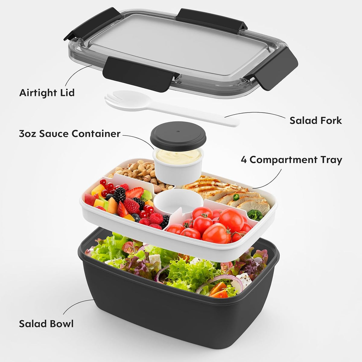 2Pack Salad Lunch Container, 68oz Salad Bowls with 4 Compartments Tray,Leak Proof Lunch Box with Fork for Men,Women BPA-Free Snack Container with Sauce Container for Dressings-Pink