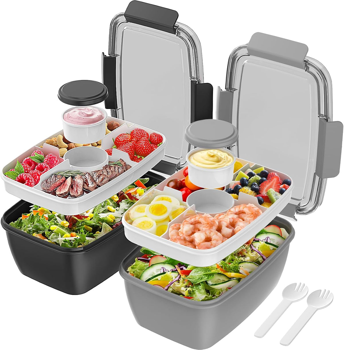 2Pack Salad Lunch Container, 68oz Salad Bowls with 4 Compartments Tray,Leak Proof Lunch Box with Fork for Men,Women BPA-Free Snack Container with Sauce Container for Dressings-Pink