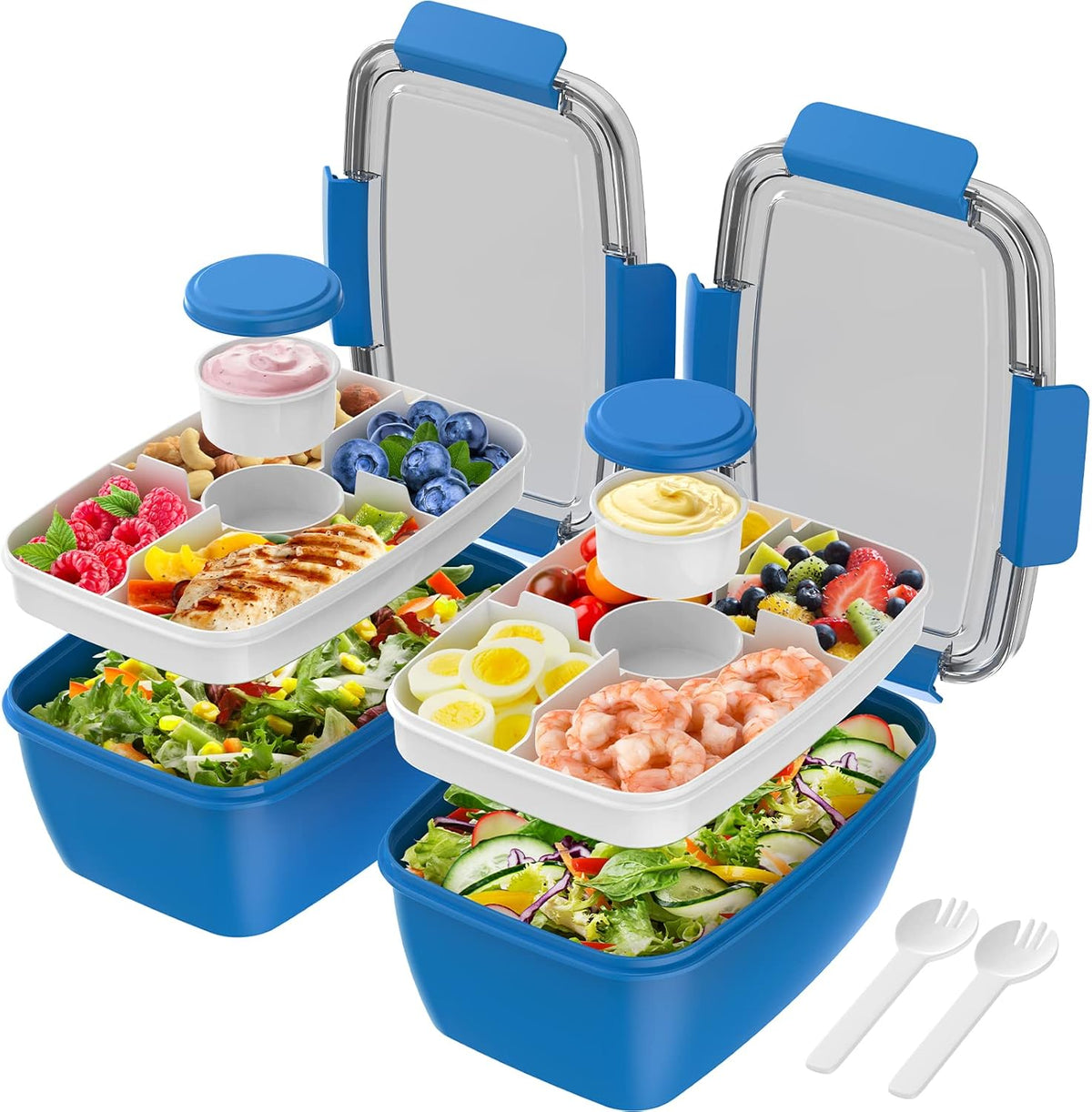 2Pack Salad Lunch Container, 68oz Salad Bowls with 4 Compartments Tray,Leak Proof Lunch Box with Fork for Men,Women BPA-Free Snack Container with Sauce Container for Dressings-Pink