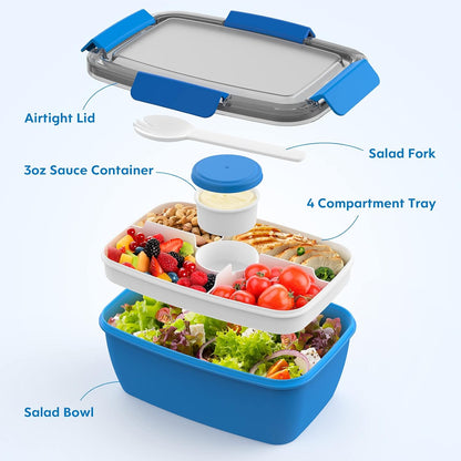 2Pack Salad Lunch Container, 68oz Salad Bowls with 4 Compartments Tray,Leak Proof Lunch Box with Fork for Men,Women BPA-Free Snack Container with Sauce Container for Dressings-Pink