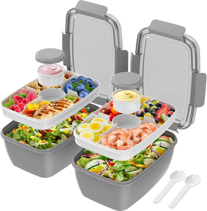2Pack Salad Lunch Container, 68oz Salad Bowls with 4 Compartments Tray,Leak Proof Lunch Box with Fork for Men,Women BPA-Free Snack Container with Sauce Container for Dressings-Pink