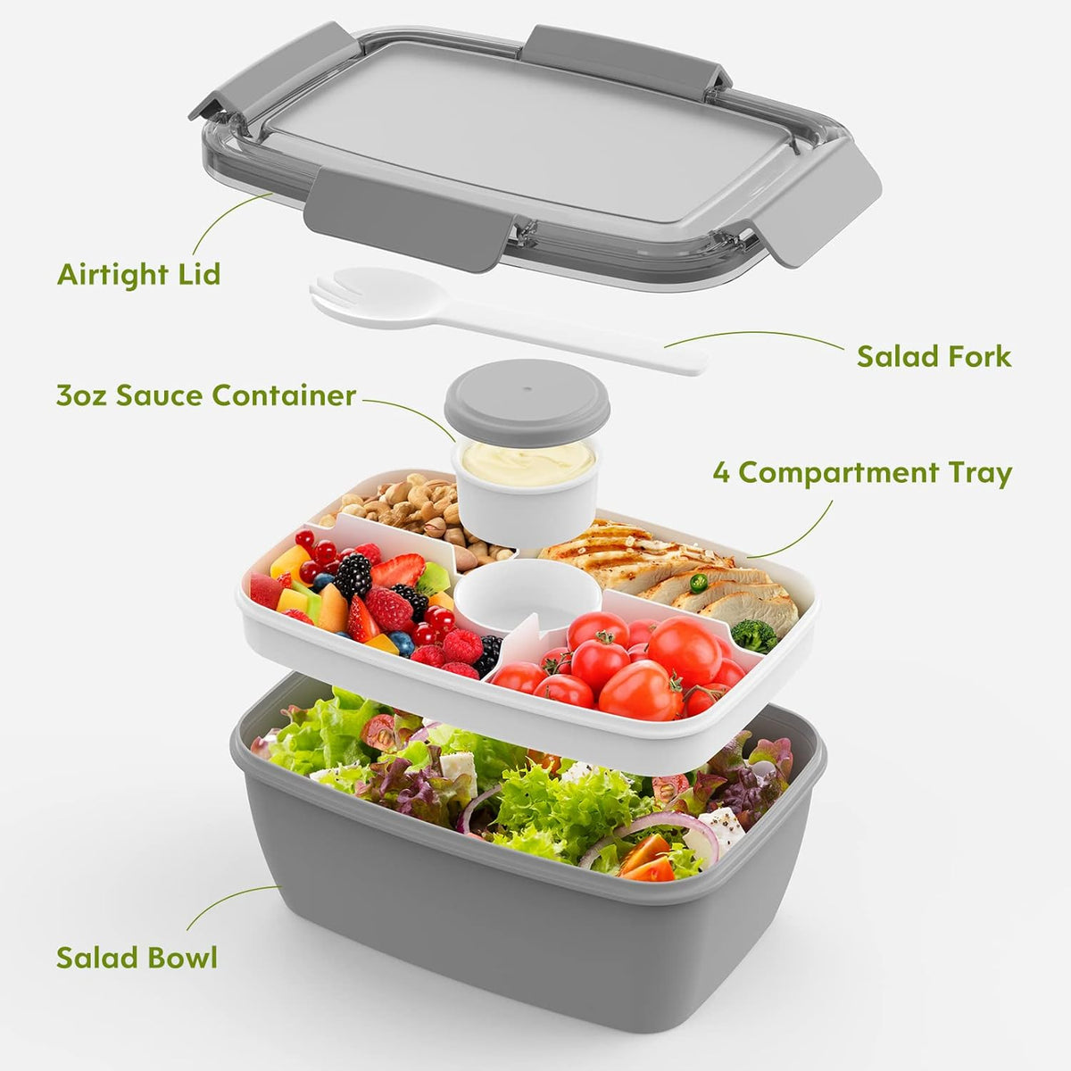 2Pack Salad Lunch Container, 68oz Salad Bowls with 4 Compartments Tray,Leak Proof Lunch Box with Fork for Men,Women BPA-Free Snack Container with Sauce Container for Dressings-Pink