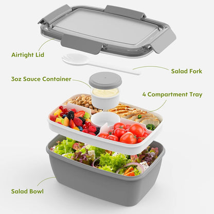 2Pack Salad Lunch Container, 68oz Salad Bowls with 4 Compartments Tray,Leak Proof Lunch Box with Fork for Men,Women BPA-Free Snack Container with Sauce Container for Dressings-Pink