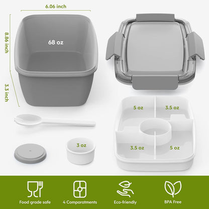 2Pack Salad Lunch Container, 68oz Salad Bowls with 4 Compartments Tray,Leak Proof Lunch Box with Fork for Men,Women BPA-Free Snack Container with Sauce Container for Dressings-Pink