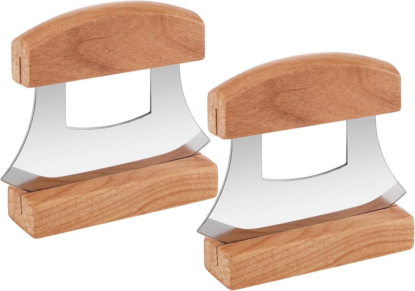 2 Pack 4 x 5 Inch Mezzaluna Ulu Knife Salad Veggies Rocker Chopper Slicer Cutter Mezzaluna Knife with Wooden Display Stand for Kitchen Cutting Chopping Knives Chef Cleaver Arthritic Tool