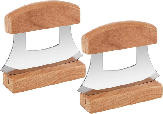 2 Pack 4 x 5 Inch Mezzaluna Ulu Knife Salad Veggies Rocker Chopper Slicer Cutter Mezzaluna Knife with Wooden Display Stand for Kitchen Cutting Chopping Knives Chef Cleaver Arthritic Tool