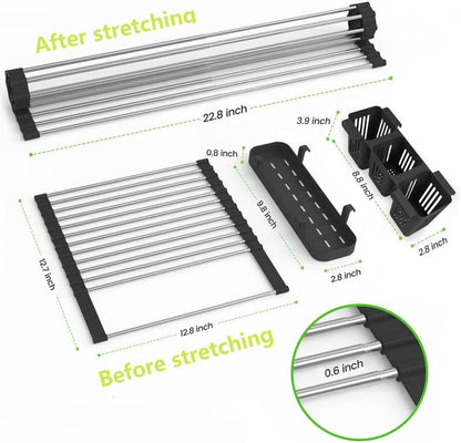 Black Expandable Roll Up Dish Drying Rack Up to 22.8''with 2 Storage Baskets,Over The Sink Kitchen Rolling up Dish Drainer Drying Rack , Foldable,Rollable,for Kitchen Dishes(Expandable Width Size)