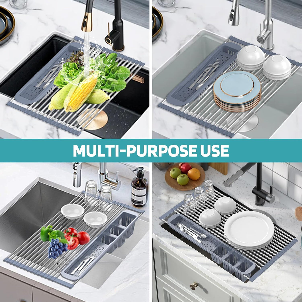 Black Expandable Roll Up Dish Drying Rack Up to 22.8''with 2 Storage Baskets,Over The Sink Kitchen Rolling up Dish Drainer Drying Rack , Foldable,Rollable,for Kitchen Dishes(Expandable Width Size)