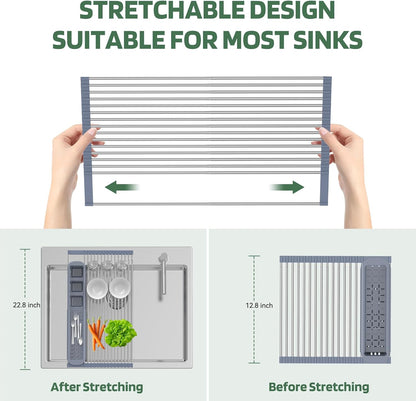Black Expandable Roll Up Dish Drying Rack Up to 22.8''with 2 Storage Baskets,Over The Sink Kitchen Rolling up Dish Drainer Drying Rack , Foldable,Rollable,for Kitchen Dishes(Expandable Width Size)