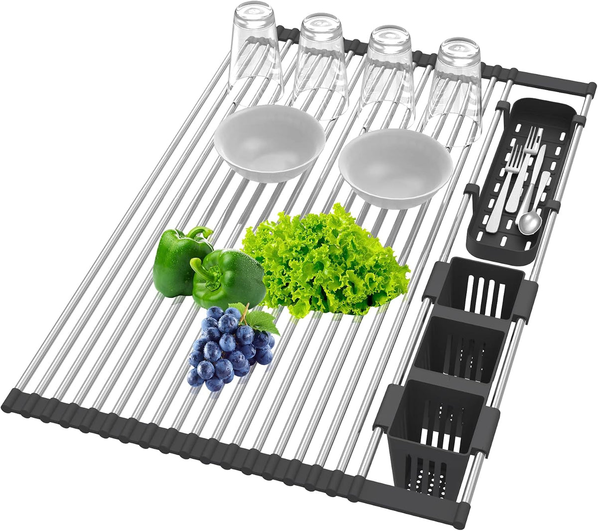 Black Expandable Roll Up Dish Drying Rack Up to 22.8''with 2 Storage Baskets,Over The Sink Kitchen Rolling up Dish Drainer Drying Rack , Foldable,Rollable,for Kitchen Dishes(Expandable Width Size)