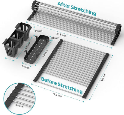 Black Expandable Roll Up Dish Drying Rack Up to 22.8''with 2 Storage Baskets,Over The Sink Kitchen Rolling up Dish Drainer Drying Rack , Foldable,Rollable,for Kitchen Dishes(Expandable Width Size)