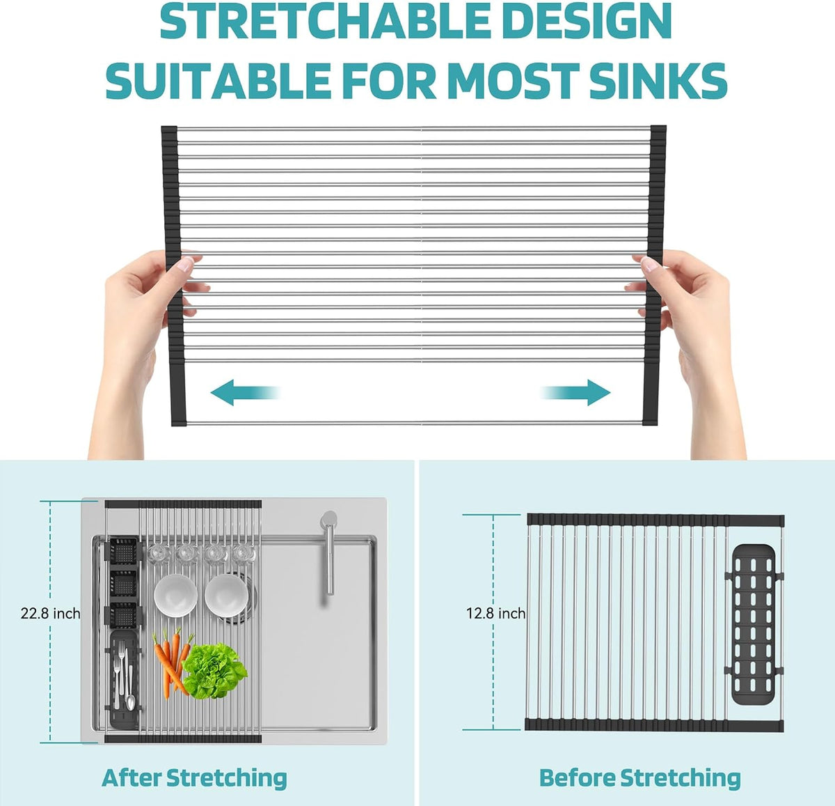 Black Expandable Roll Up Dish Drying Rack Up to 22.8''with 2 Storage Baskets,Over The Sink Kitchen Rolling up Dish Drainer Drying Rack , Foldable,Rollable,for Kitchen Dishes(Expandable Width Size)