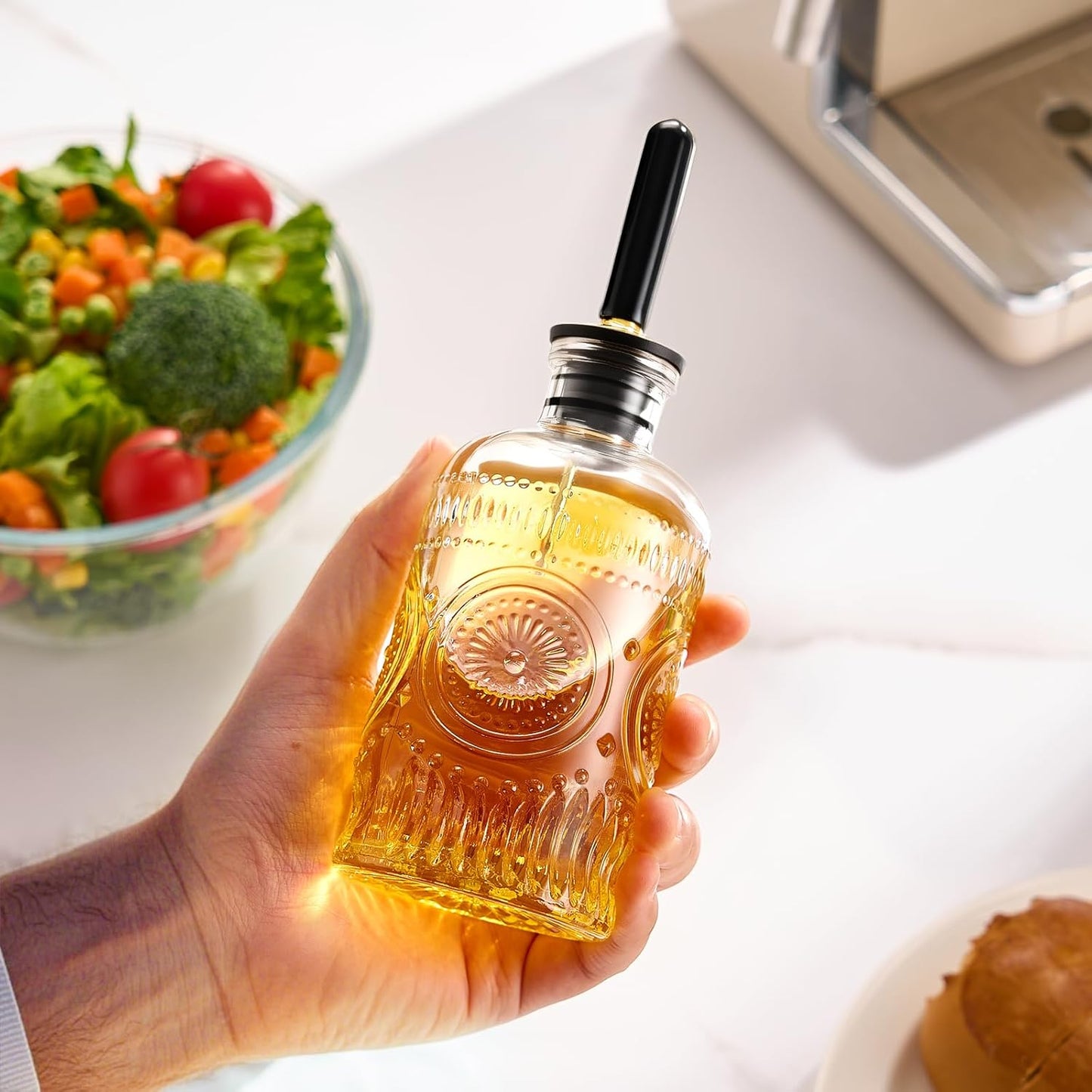 Glass Oil Bottles 7OZ, Olive Oil Dispenser Bottle for Kitchen with Metal Spout, Elegant Glass Cooking Dispenser for Kitchen