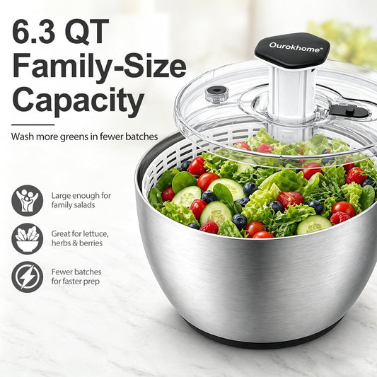 6.3 QT Stainless Steel Salad Spinner, Large Lettuce Spinner with One-Hand Press Pump, Brake Button, Non-Slip Base and Retractable Handle, Vegetable Washer & Dryer for Greens, Fruits and Herb