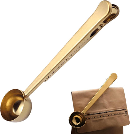 2-in-1 Coffee Scoop with Clip, Stainless Steel Coffee Measuring Spoon for Ground Coffees & Beans, Tea, Powder, Protein, Rust-Resistant, Dishwasher Safe, Bag Sealer (COLOR:Gold)