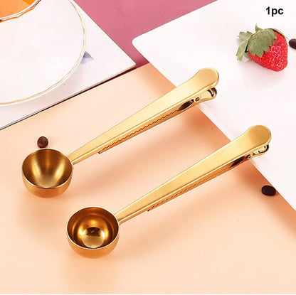 2-in-1 Coffee Scoop with Clip, Stainless Steel Coffee Measuring Spoon for Ground Coffees & Beans, Tea, Powder, Protein, Rust-Resistant, Dishwasher Safe, Bag Sealer (COLOR:Gold)