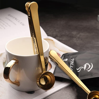 2-in-1 Coffee Scoop with Clip, Stainless Steel Coffee Measuring Spoon for Ground Coffees & Beans, Tea, Powder, Protein, Rust-Resistant, Dishwasher Safe, Bag Sealer (COLOR:Gold)