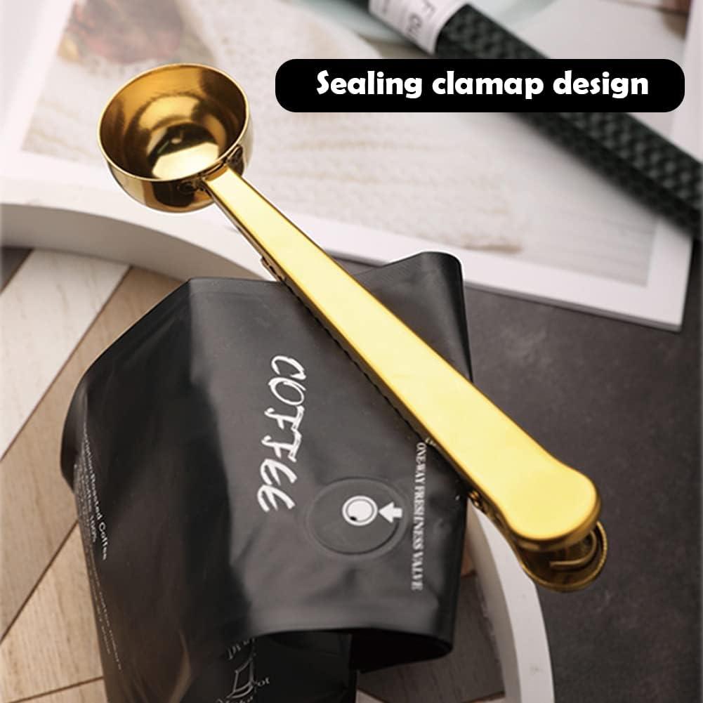 2-in-1 Coffee Scoop with Clip, Stainless Steel Coffee Measuring Spoon for Ground Coffees & Beans, Tea, Powder, Protein, Rust-Resistant, Dishwasher Safe, Bag Sealer (COLOR:Gold)
