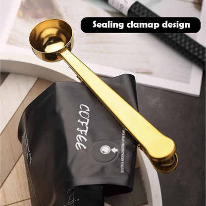 2-in-1 Coffee Scoop with Clip, Stainless Steel Coffee Measuring Spoon for Ground Coffees & Beans, Tea, Powder, Protein, Rust-Resistant, Dishwasher Safe, Bag Sealer (COLOR:Gold)