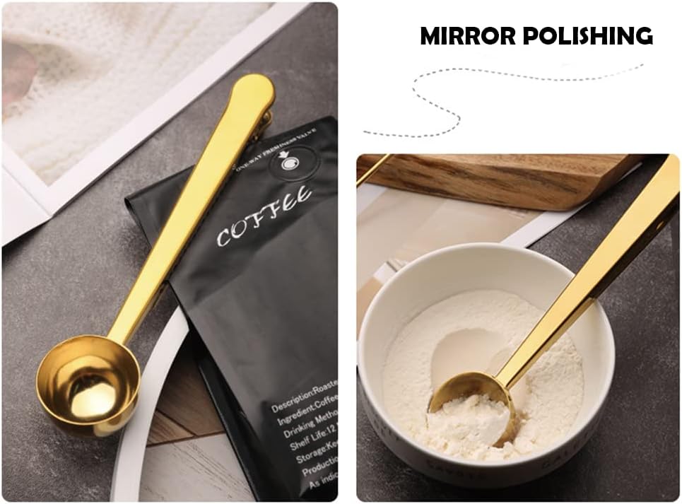 2-in-1 Coffee Scoop with Clip, Stainless Steel Coffee Measuring Spoon for Ground Coffees & Beans, Tea, Powder, Protein, Rust-Resistant, Dishwasher Safe, Bag Sealer (COLOR:Gold)