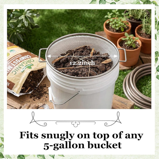 2PCS Soil Sifter for Gardening with Handle,Stainless Steel Rock Compost Soil Sifter for 5 Gallon Bucket,1/4in,1/8in Mesh Garden Sifting Screen Gravel Sawdust Vermicompost with Repotting Mat