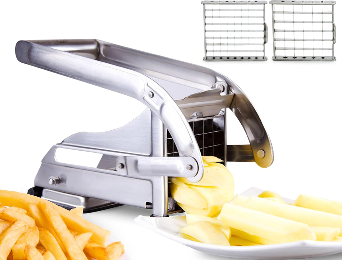 2-Blade French Fry Cutter - Stainless Steel Potato Slicer, Non-Slip Suction | Fry Cutter with Special Anti-Slip Suction Lock Technology, Compact French Fry Maker for Steak Fries and Thin Fries