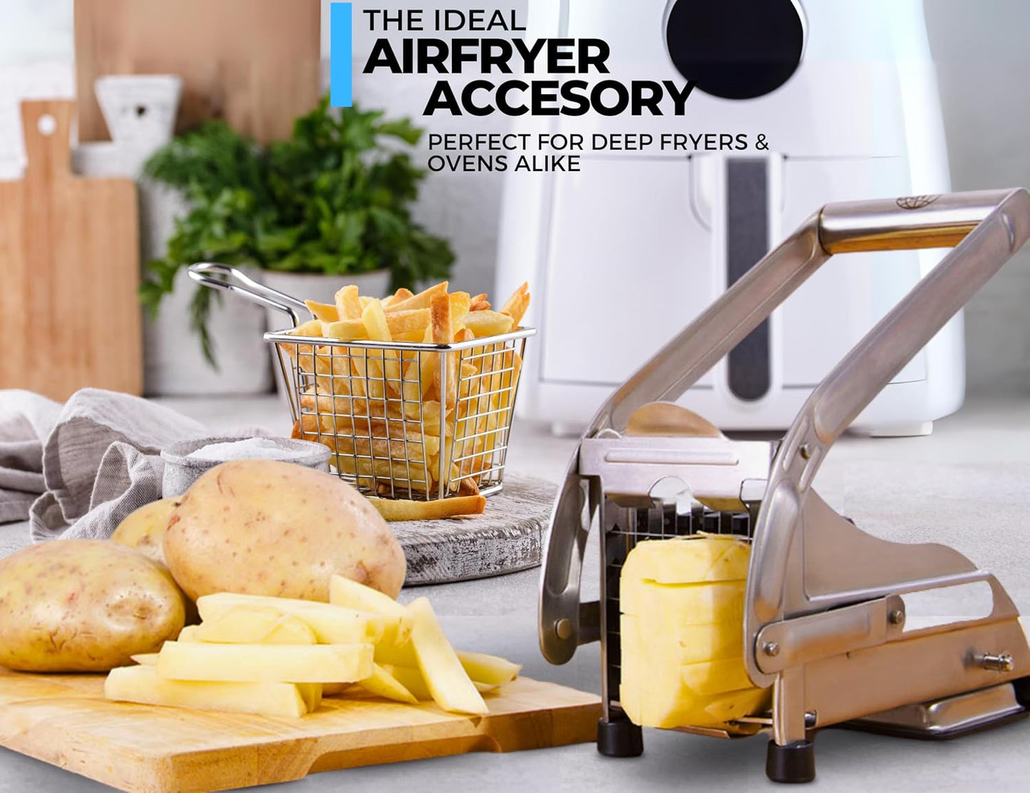 2-Blade French Fry Cutter - Stainless Steel Potato Slicer, Non-Slip Suction | Fry Cutter with Special Anti-Slip Suction Lock Technology, Compact French Fry Maker for Steak Fries and Thin Fries