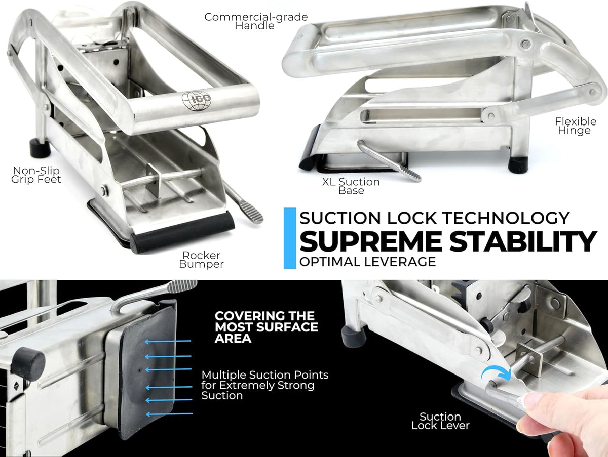 2-Blade French Fry Cutter - Stainless Steel Potato Slicer, Non-Slip Suction | Fry Cutter with Special Anti-Slip Suction Lock Technology, Compact French Fry Maker for Steak Fries and Thin Fries