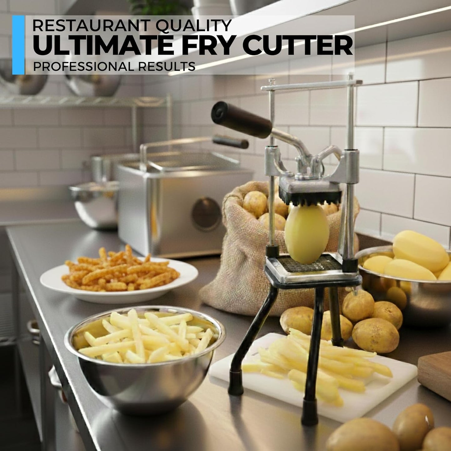 2-Blade French Fry Cutter - Stainless Steel Potato Slicer, Non-Slip Suction | Fry Cutter with Special Anti-Slip Suction Lock Technology, Compact French Fry Maker for Steak Fries and Thin Fries