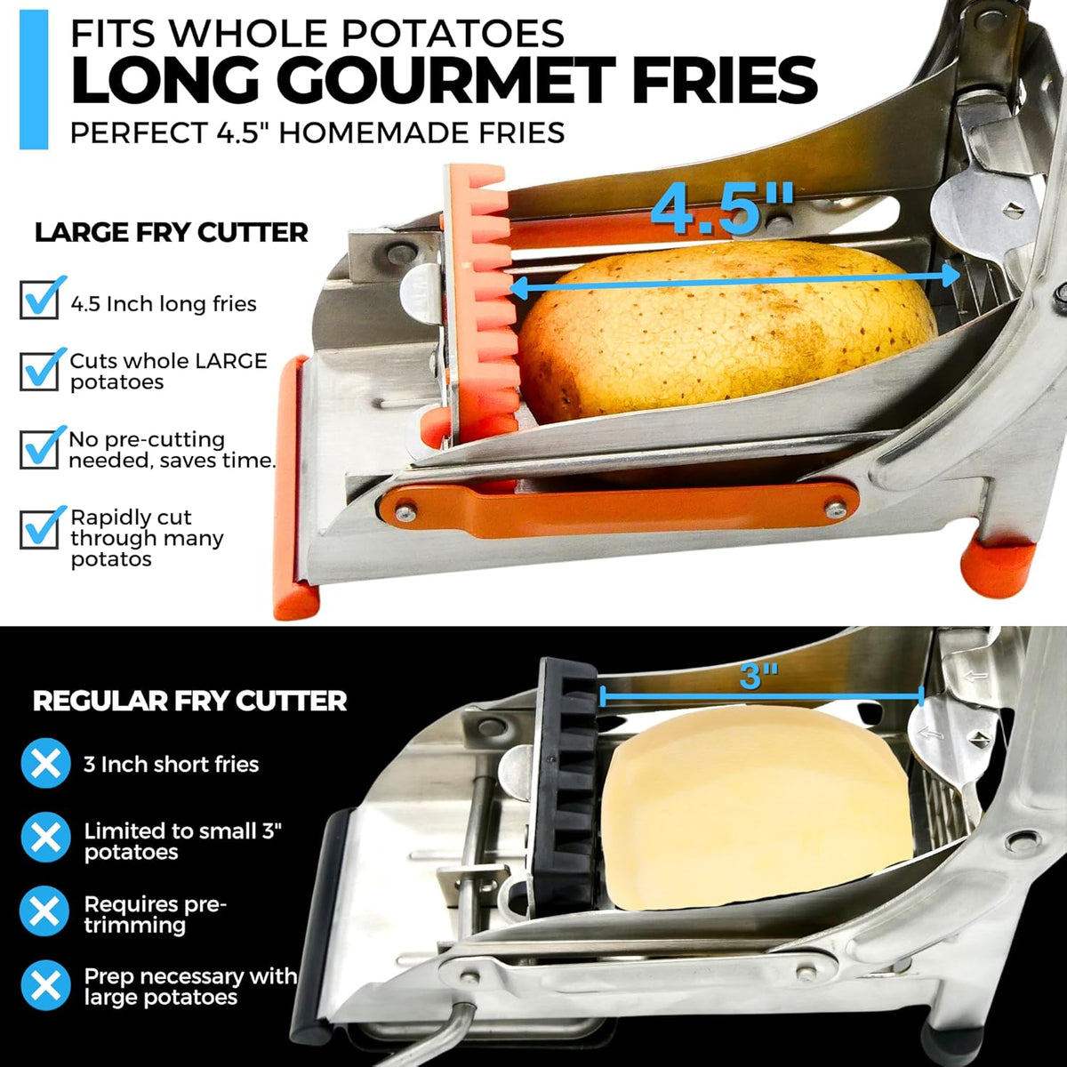 2-Blade French Fry Cutter - Stainless Steel Potato Slicer, Non-Slip Suction | Fry Cutter with Special Anti-Slip Suction Lock Technology, Compact French Fry Maker for Steak Fries and Thin Fries