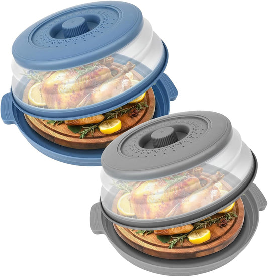 2 Pcs Microwave Splatter Cover, 10.7'' Blue&Grey Collapsible Splatter Guard&Vegetable Fruit Colander 2 in 1, Vented Microwave Lid with Anti-scald BPA-Free Dishwasher Safe Kitchen Gadget for Meal Prep
