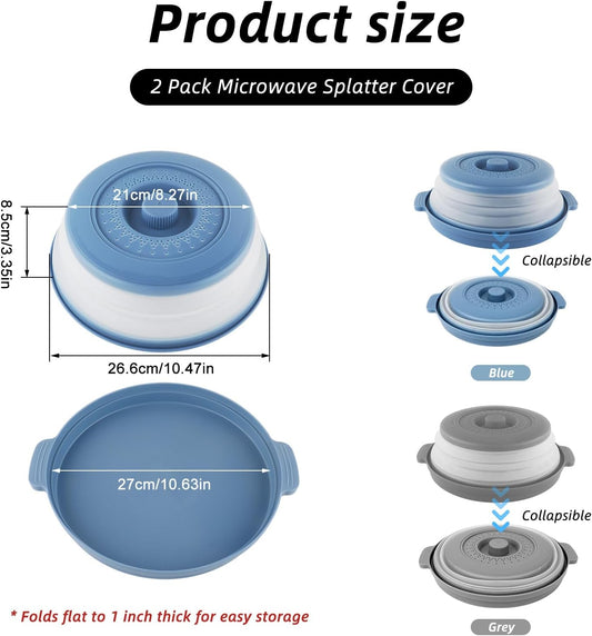 2 Pcs Microwave Splatter Cover, 10.7'' Blue&Grey Collapsible Splatter Guard&Vegetable Fruit Colander 2 in 1, Vented Microwave Lid with Anti-scald BPA-Free Dishwasher Safe Kitchen Gadget for Meal Prep